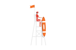 Lifeguard sitting on tall chair wearing red uniform holding Product Image 1