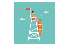 Lifeguard man sitting on white tower wearing orange shirt an Product Image 1