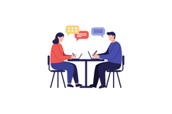 Two people working on laptops at table with speech bubbles f Product Image 1