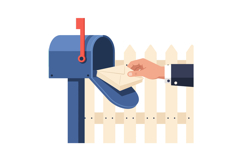 Hand placing letters into blue mailbox with red flag near wo Product Image 1