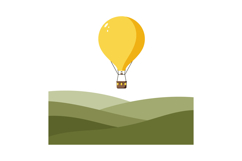 Yellow hot air balloon floating above green rolling hills in Product Image 1