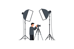 Photographer adjusting camera on tripod between two studio l Product Image 1