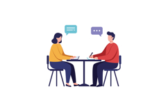 Two people sitting at table communicating with speech bubble Product Image 1