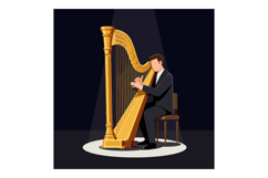 Male harpist playing large golden harp sitting on chair spot Product Image 1