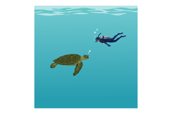 Sea turtle and scuba diver underwater in flat style peaceful Product Image 1