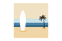 Surfboard standing on sandy beach near single palm tree mini Product Image 1