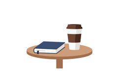 Coffee cup and closed book on round wooden table flat design Product Image 1