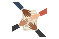Diverse hands reaching over stack of papers in flat style te Product Image 1