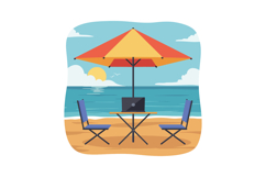 Outdoor beach seating with umbrella and laptop in flat desig Product Image 1