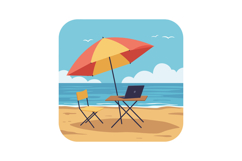 Laptop on wooden table under red and yellow umbrella with ch Product Image 1
