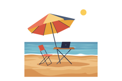Beach workspace scene with folding chair table umbrella ocea Product Image 1