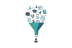 Recruitment process funnel with resumes, communication icons Product Image 1