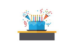 Blue birthday cake with colorful candles and festive confett Product Image 1