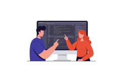 Two software developers discussing code in front of large mo Product Image 1