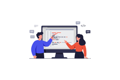 Two programmers discussing code on large computer screen fla Product Image 1