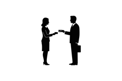 Businessman and businesswoman exchanging cards in silhouette Product Image 1