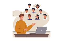 Man in orange sweater video conferencing with diverse group Product Image 1