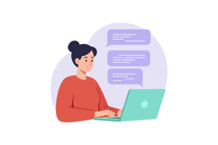 Young woman typing on laptop with floating chat bubbles flat Product Image 1