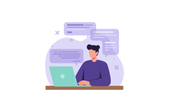Young man typing on laptop with floating chat bubbles minima Product Image 1
