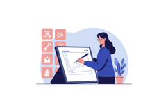 Woman drawing digital charts with stylus on large tablet fla Product Image 1