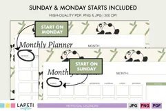 Printable monthly planner featuring playful pandas and bamboo illustrations