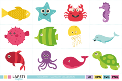 Grid preview of 12 ocean animals clipart including crab, seahorse, starfish, fish, turtle, dolphin, octopus, whale and jellyfish.