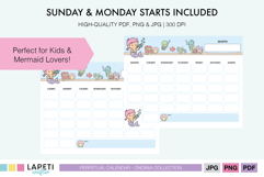 Under the sea perpetual calendar showing Sunday and Monday start versions, perfect for kids and mermaid lovers.