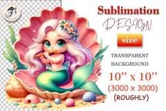 Adorable mermaid character in a seashell with sea plants, gems, and colorful shells, playing a flute — a charming element for sublimation and whimsical print projects.