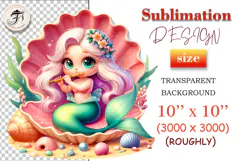 Adorable mermaid character in a seashell with sea plants, gems, and colorful shells, playing a flute — a charming element for sublimation and whimsical print projects.