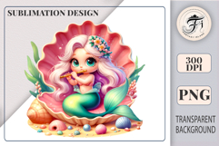 Adorable mermaid character in a seashell with sea plants, gems, and colorful shells, playing a flute — a charming element for sublimation and whimsical print projects.