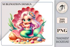 Adorable mermaid character in a seashell with sea plants, gems, and colorful shells, playing a flute — a charming element for sublimation and whimsical print projects.