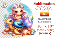 Cute mermaid with a pastel tail and flowers in her hair rides a sea turtle and plays a golden flute, perfect for nursery prints and kids’ party design   