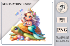 Ocean-themed clipart of cute mermaid girl and turtle with bubbles and seashells, perfect for children’s art, printing, and scrapbooking.