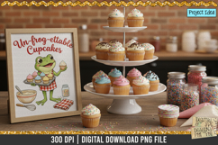 Cute frog holding cupcakes with baking tools and sprinkles, baking-themed sublimation design.