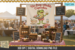 Cute frog holding cupcakes with baking tools and sprinkles, baking-themed sublimation design.