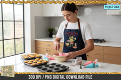 Cute frog holding cupcakes with baking tools and sprinkles, baking-themed sublimation design.