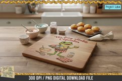 Cute frog holding cupcakes with baking tools and sprinkles, baking-themed sublimation design.