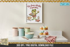 Cute frog holding cupcakes with baking tools and sprinkles, baking-themed sublimation design.