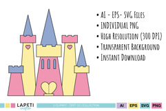 Magical pastel unicorn and castle illustrations in soft colors, perfect for stickers, prints, and party designs.