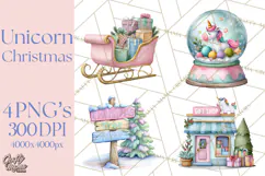Christmas Unicorn Clipart, Cute Watercolor Unicorns PNG Product Image 1