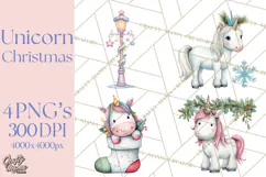 Christmas Unicorn Clipart, Cute Watercolor Unicorns PNG Product Image 1