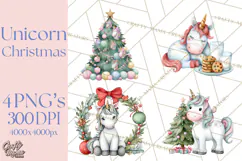 Christmas Unicorn Clipart, Cute Watercolor Unicorns PNG Product Image 1