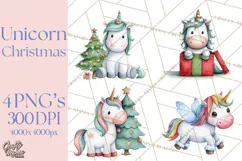 Christmas Unicorn Clipart, Cute Watercolor Unicorns PNG Product Image 1