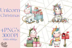 Christmas Unicorn Clipart, Cute Watercolor Unicorns PNG Product Image 1