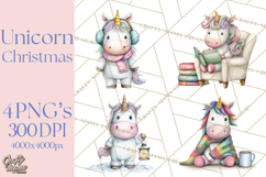 Christmas Unicorn Clipart, Cute Watercolor Unicorns PNG Product Image 1