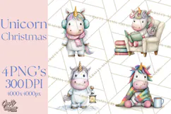 Christmas Unicorn Clipart, Cute Watercolor Unicorns PNG Product Image 1