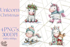 Christmas Unicorn Clipart, Cute Watercolor Unicorns PNG Product Image 1