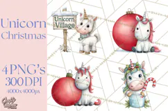 Christmas Unicorn Clipart, Cute Watercolor Unicorns PNG Product Image 1