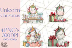 Christmas Unicorn Clipart, Cute Watercolor Unicorns PNG Product Image 1