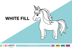 Cute standing unicorn outline illustration with long mane and horn